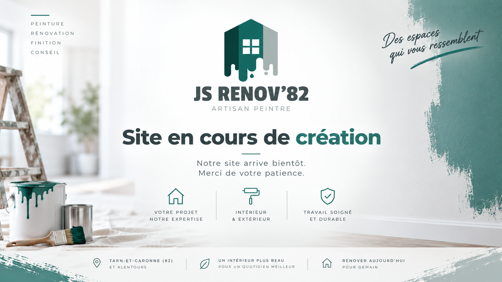 JS Renov’82 — Artisan peintre. Site en cours de création. Notre site arrive bientôt. Merci de votre patience. Peinture, rénovation, finition et conseil. Intérieur et extérieur. Tarn-et-Garonne (82) et alentours.
